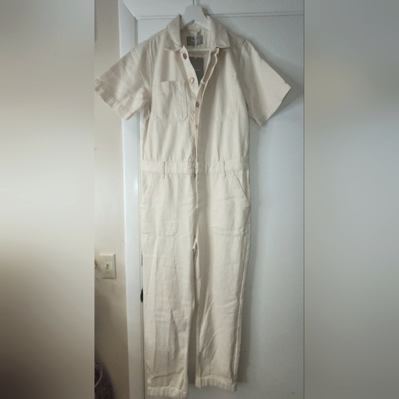 EVERLANE The Short Sleeve Denim Overall In Seeded Ecru Size 6 - Picture 2 of 15